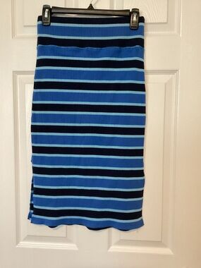 Blue Striped Knit Pencil Skirt with Navy Accents